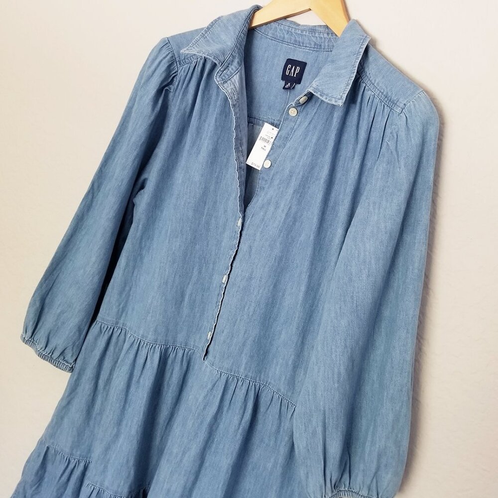 NEW Gap Puff Sleeve Denim Mini Shirtdress M Tall Long Chambray Tiered Boho $80 - Picture 6 of 15